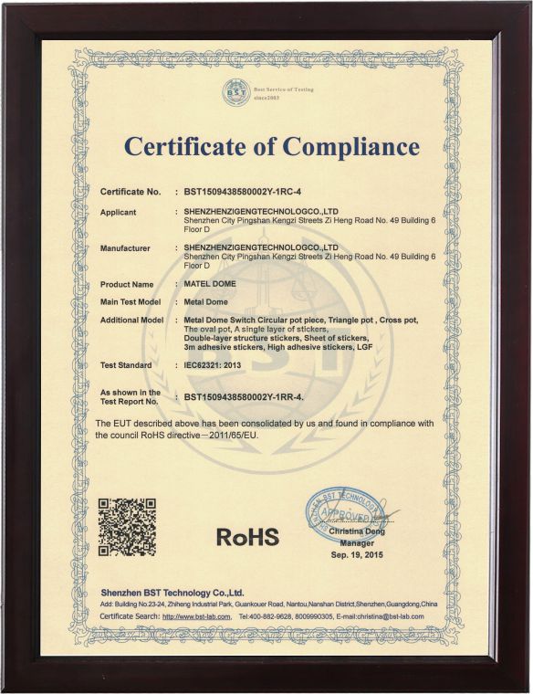 深圳市子庚科技有限公司产品通过RoHS认证