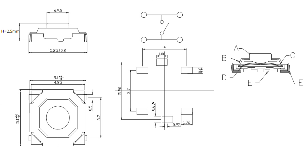 轻触开关5.2x5.2x2.5四脚扁平贴片防水开关