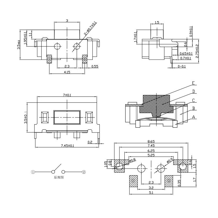 3x6x3.5大侧轻触开关，卧式贴片轻触开关0.7mm柱