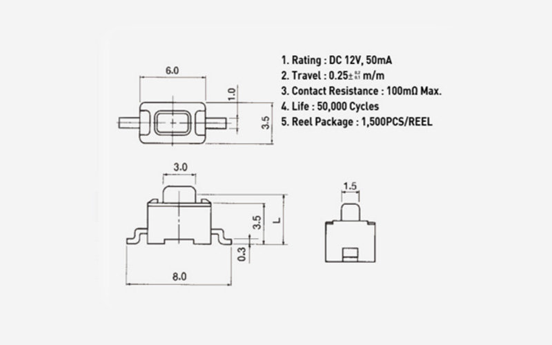 STP-1250s贴片开关，进口全白轻触开关，3x6x5两脚贴片开关