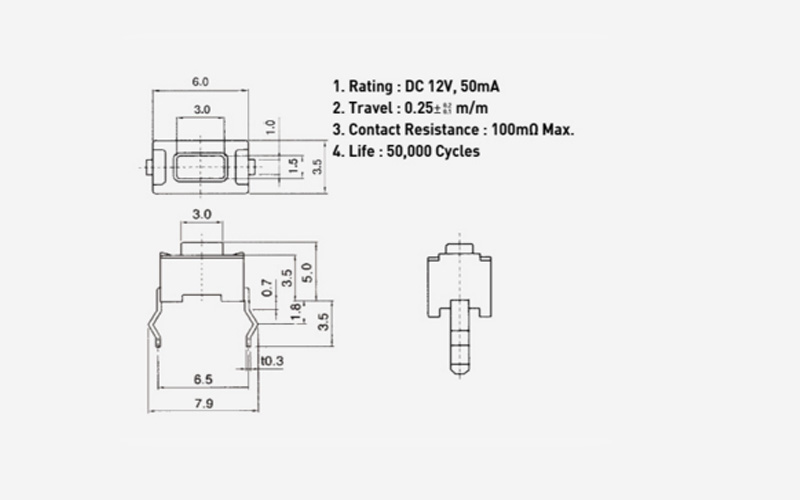 STP-1250白柄塑胶环保开关，进口轻触开关，3x6x5插件开关