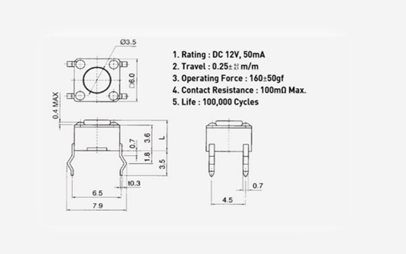 STP-1230进口轻触开关，6x6x4.3四脚按键开关，四脚插件轻触开关