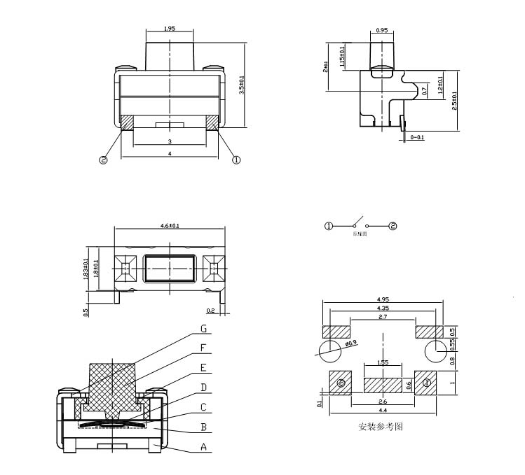 2x4x3.5双层防水膜带支架小侧按轻触开关